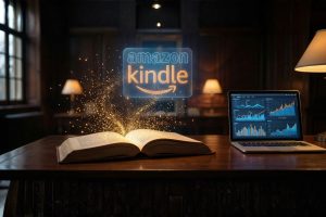 Livre ouvert se transformant en données numériques vers Kindle et graphiques illustrant le business Amazon KDP et l’auto-édition en 2026