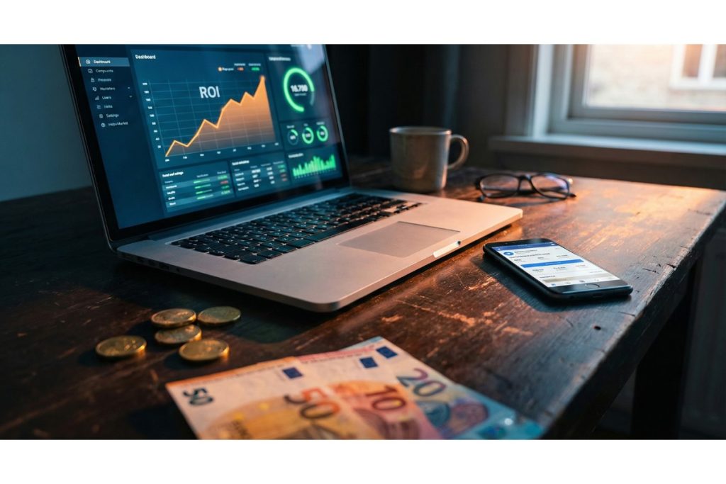 Tableau de bord publicitaire affichant un ROI positif sur laptop avec billets et pièces symbolisant la rentabilité des ads