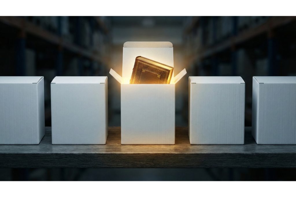 Produits e commerce identiques alignés avec un ebook au centre mettant en valeur le contenu comme avantage compétitif