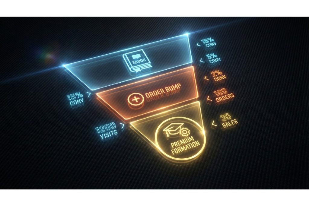 Schéma de funnel de vente montrant un ebook en entrée, un order bump et une formation en upsell avec taux de conversion