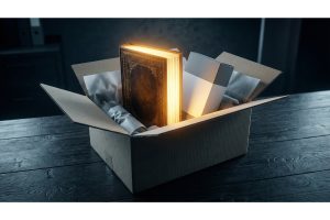 Colis e commerce ouvert contenant un produit et un ebook premium éclairé en doré illustrant la différenciation par le contenu