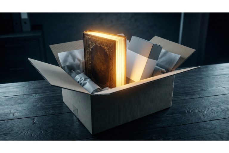 Colis e commerce ouvert contenant un produit et un ebook premium éclairé en doré illustrant la différenciation par le contenu
