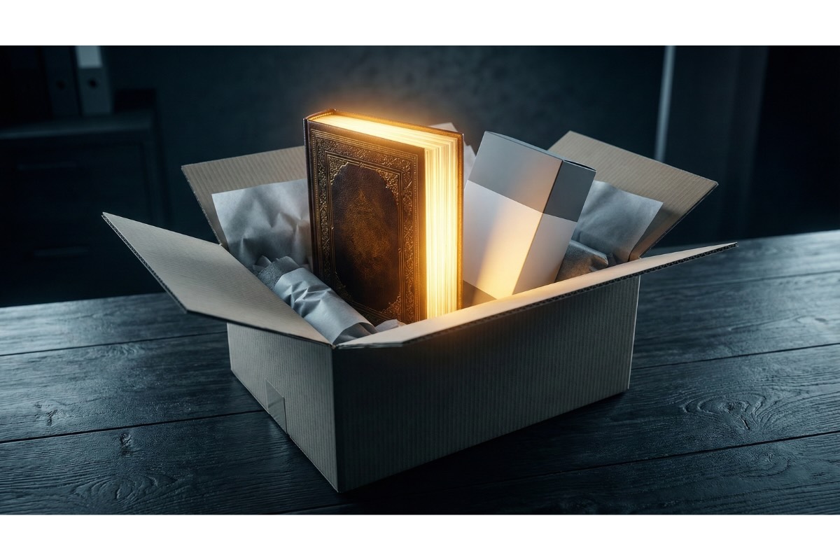Colis e commerce ouvert contenant un produit et un ebook premium éclairé en doré illustrant la différenciation par le contenu