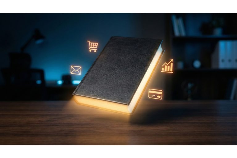 Ebook payant flottant au-dessus d’un bureau sombre avec icônes de ventes, emails et croissance illustrant la monétisation de contenu