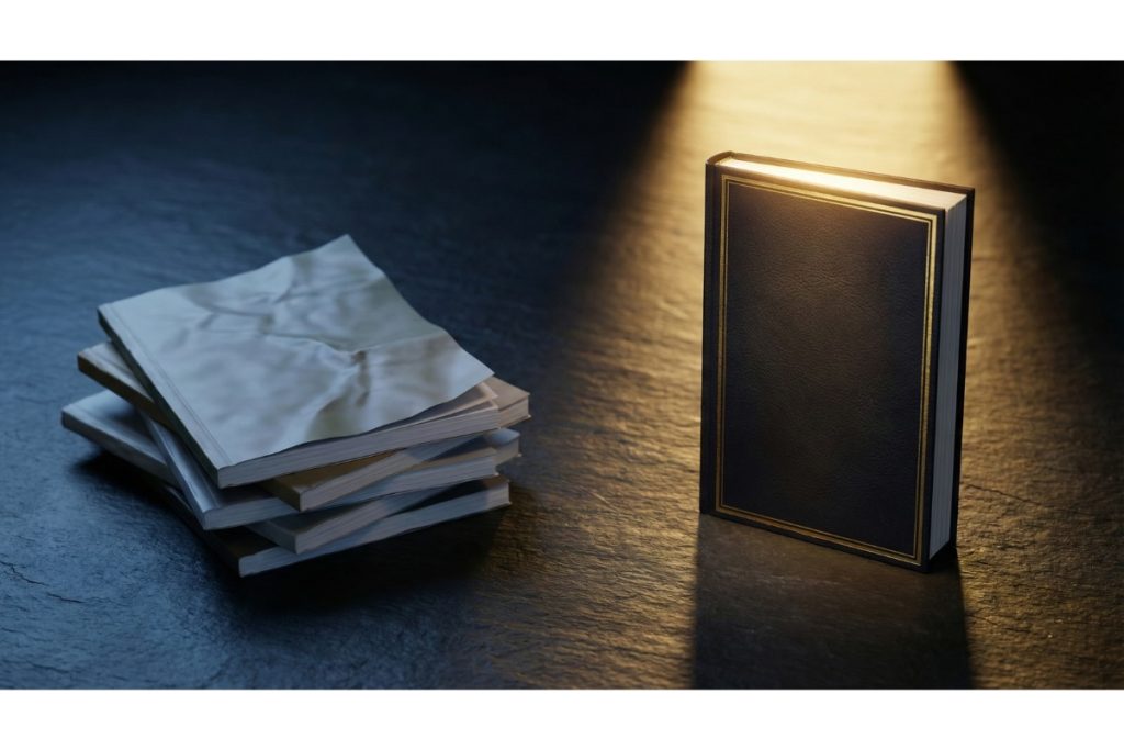 Comparaison entre ebooks génériques empilés représentant l’échec et un ebook premium mis en valeur par un éclairage doré