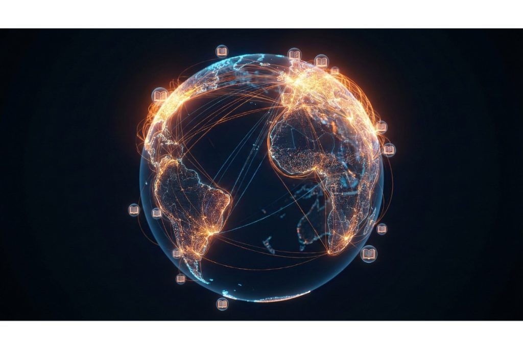 Globe numérique représentant le marché mondial de l’ebook avec flux de données et icônes de livres numériques interconnectés