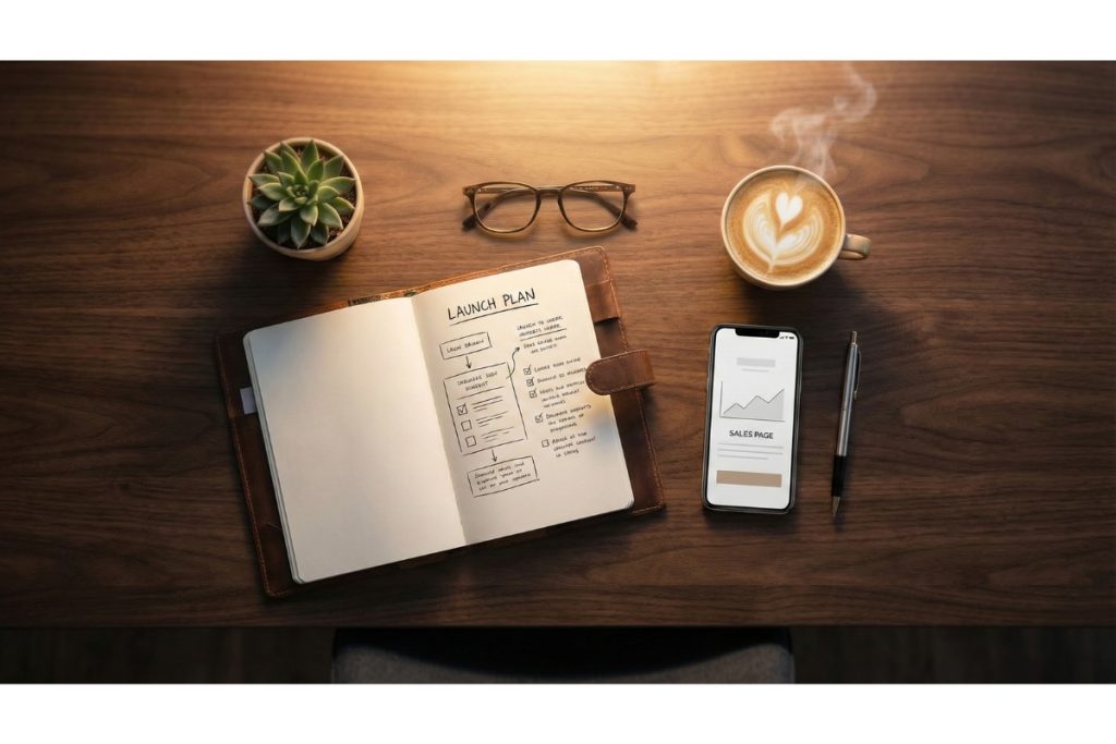 Bureau organisé avec notebook de plan de lancement, smartphone affichant une page de vente et café illustrant une stratégie ebook