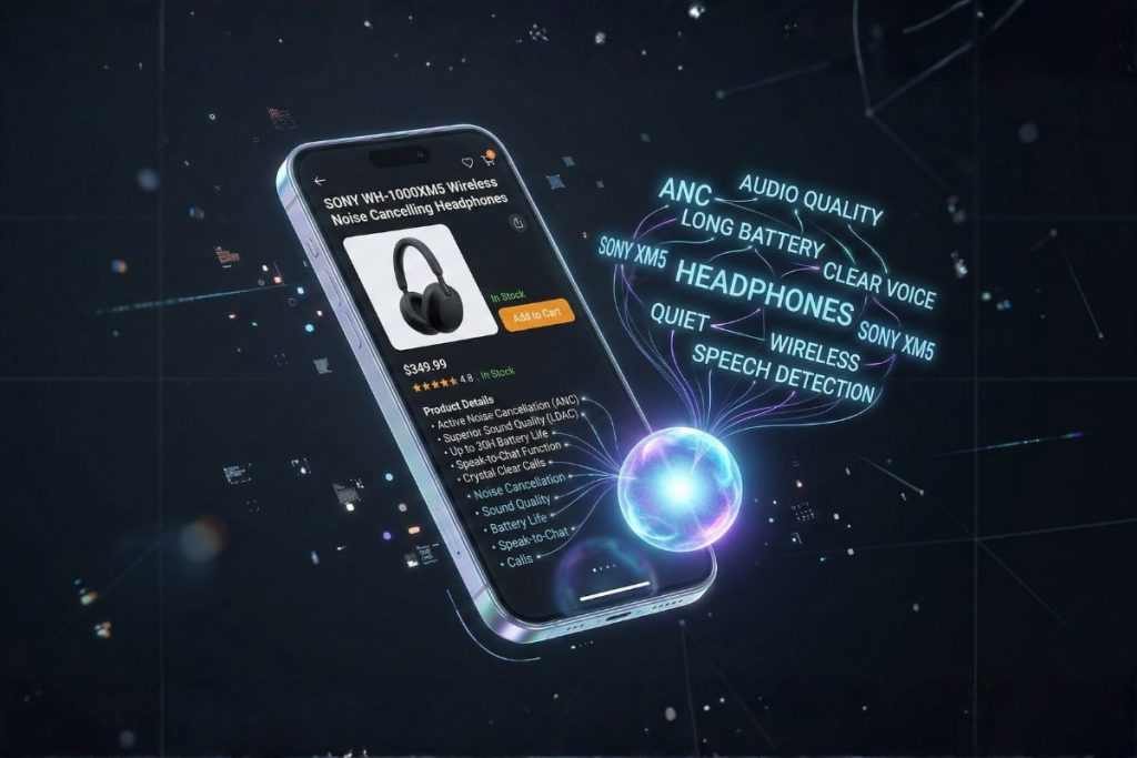 IA et SEO sémantique analysant les mots-clés d'une fiche produit sur smartphone