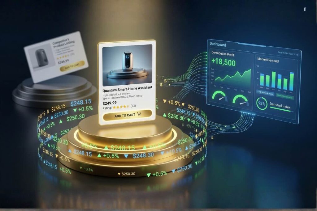 Piédestal doré et données financières illustrant la Buy Box Amazon et le pricing dynamique.