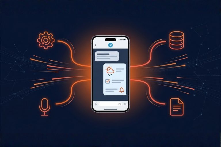 Schéma d'un agent IA personnel sur Telegram connecté à ses outils via n8n : mémoire, voix, documents et calendrier