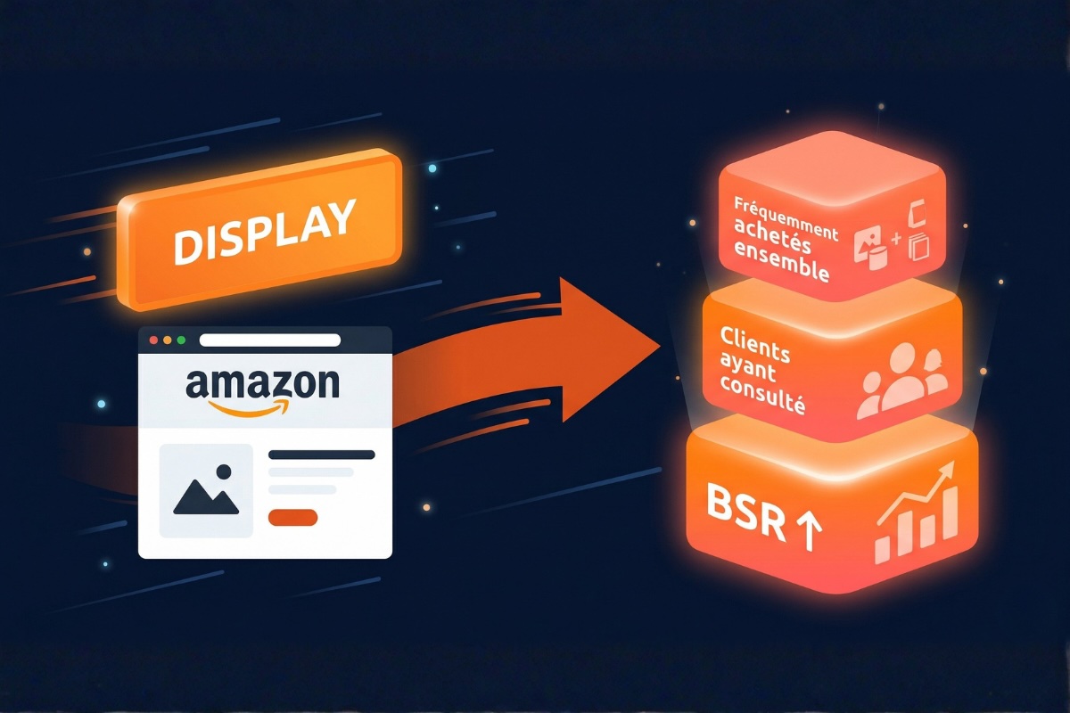 Schéma montrant comment une bannière Amazon Sponsored Display génère des ventes qui alimentent trois encarts organiques : Fréquemment achetés ensemble, Clients ayant consulté, et BSR en hausse