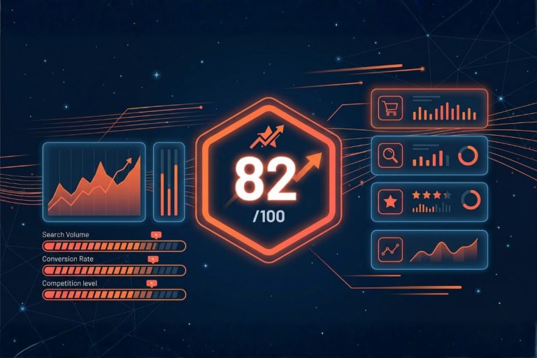 Tableau de bord d'analyse de niche Amazon avec score d'entrée 82/100, graphiques de données EOP et rapports IA automatisés