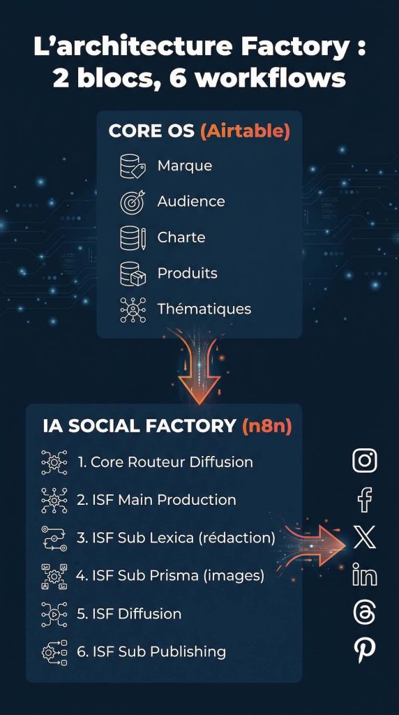 Infographie de l'architecture Factory : le CORE OS Airtable (marque, audience, charte, produits, thématiques) alimenté les 6 workflows n8n (Core Routeur, Main Production, Lexica, Prisma, Diffusion, Publishing) qui publient sur Instagram, Facebook, X, LinkedIn, Threads et Pinterest