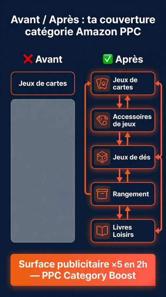 Infographie comparant la situation avant (1 seule catégorie ciblée : Jeux de cartes) et après PPC Category Boost (5 catégories couvertes : Jeux de cartes, Accessoires de jeux, Jeux de dés, Rangement, Livres Loisirs) — surface publicitaire ×5 en 2h