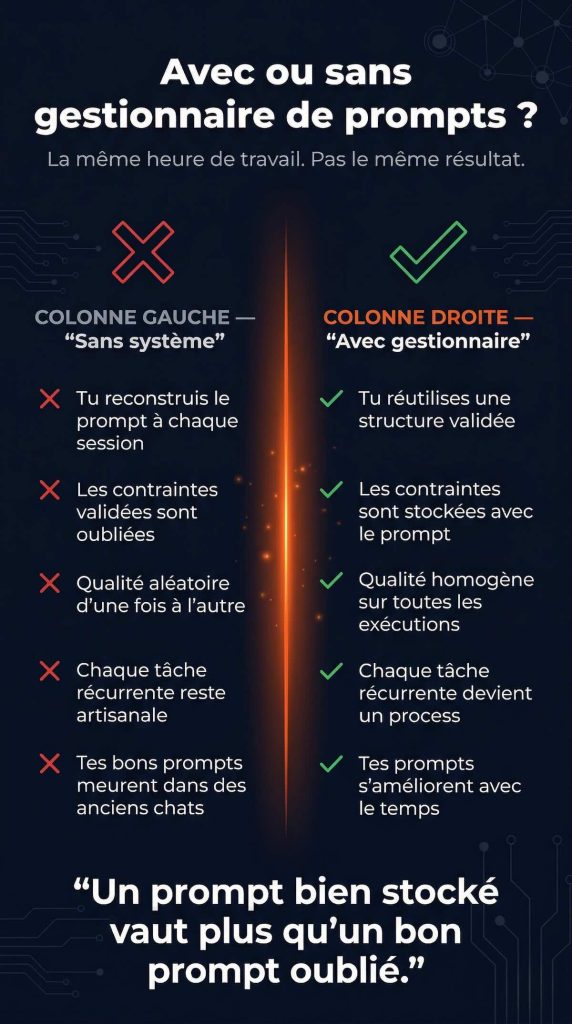 Infographie comparative : sans gestionnaire de prompts ChatGPT vs avec gestionnaire — 5 différences concrètes sur la qualité, la réutilisabilité et la capitalisation des prompts