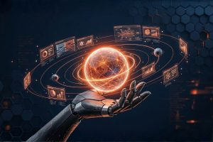 Illustration d'un cerveau vectoriel : une main géométrique tient une sphère lumineuse orange entourée de fiches de contenu en orbite — représentation du pipeline n8n Pinecone de Cortex Web