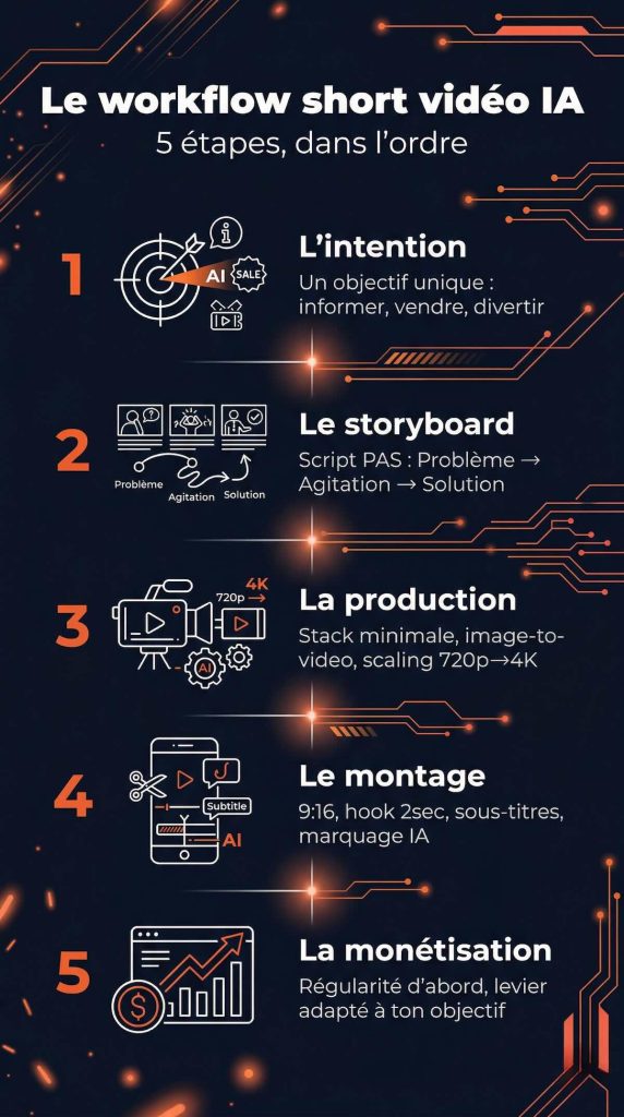 Schéma du workflow short vidéo IA : de l'idée au script, au storyboard, à la vidéo générée et à la publication