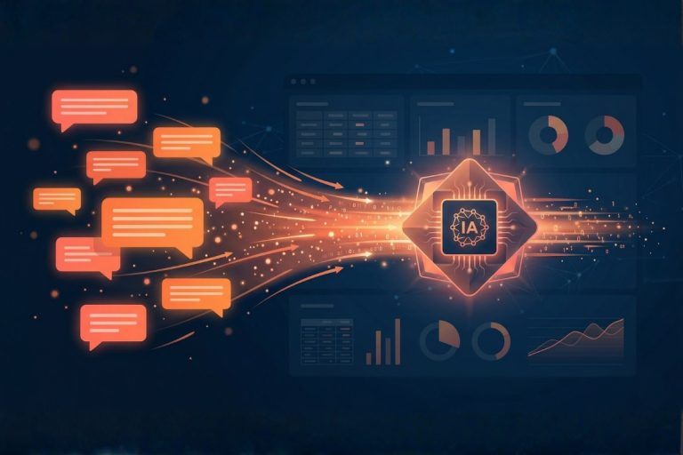 Système d'analyse des avis Amazon avec l'IA : flux de commentaires transformés en insights par un module IA, sur fond de dashboard Google Sheets