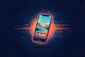 Smartphone affichant un Reel Instagram viral avec 9,2 millions de vues, entouré d'effets lumineux orange sur fond bleu nuit — illustration de la méthode Trend Surfing pour publier sans se filmer