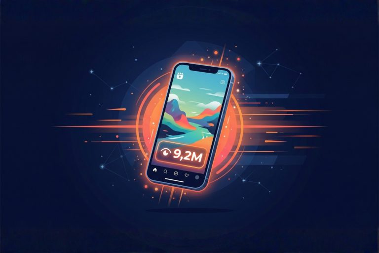 Smartphone affichant un Reel Instagram viral avec 9,2 millions de vues, entouré d'effets lumineux orange sur fond bleu nuit — illustration de la méthode Trend Surfing pour publier sans se filmer