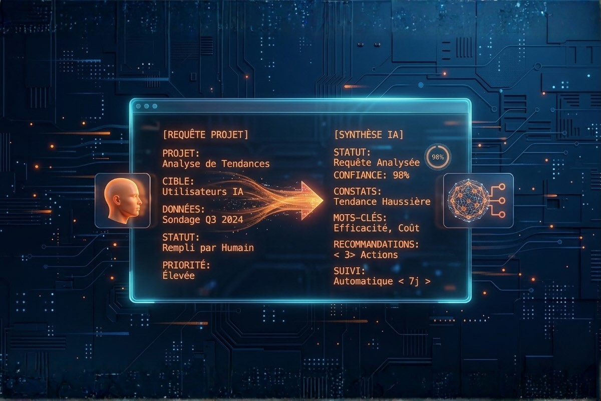 Schéma illustrant un prompt structuré envoyé par un utilisateur vers une IA qui génère une synthèse organisée, représentant la méthode framework de prompt Claude en 7 étapes