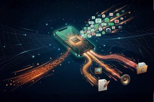 Smartphone avec flux de messages WhatsApp automatisés — texte, audio, image et vidéo — traités par un agent IA en temps réel