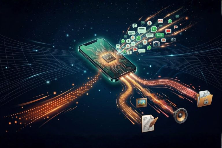 Smartphone avec flux de messages WhatsApp automatisés — texte, audio, image et vidéo — traités par un agent IA en temps réel