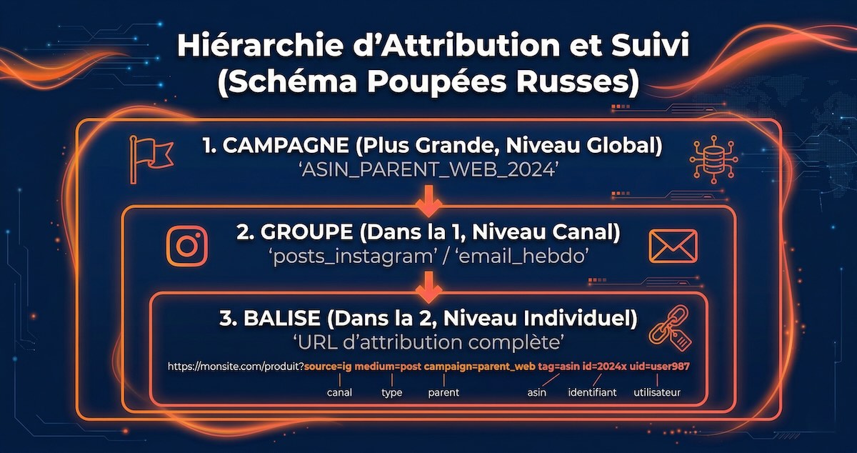 Schéma illustrant la structure en 3 niveaux d'Amazon Attribution : Campagne (ASIN_PARENT_WEB_2024) contenant un Groupe (posts_instagram / email_hebdo) contenant une Balise avec l'URL d'attribution complète et ses paramètres de tracking