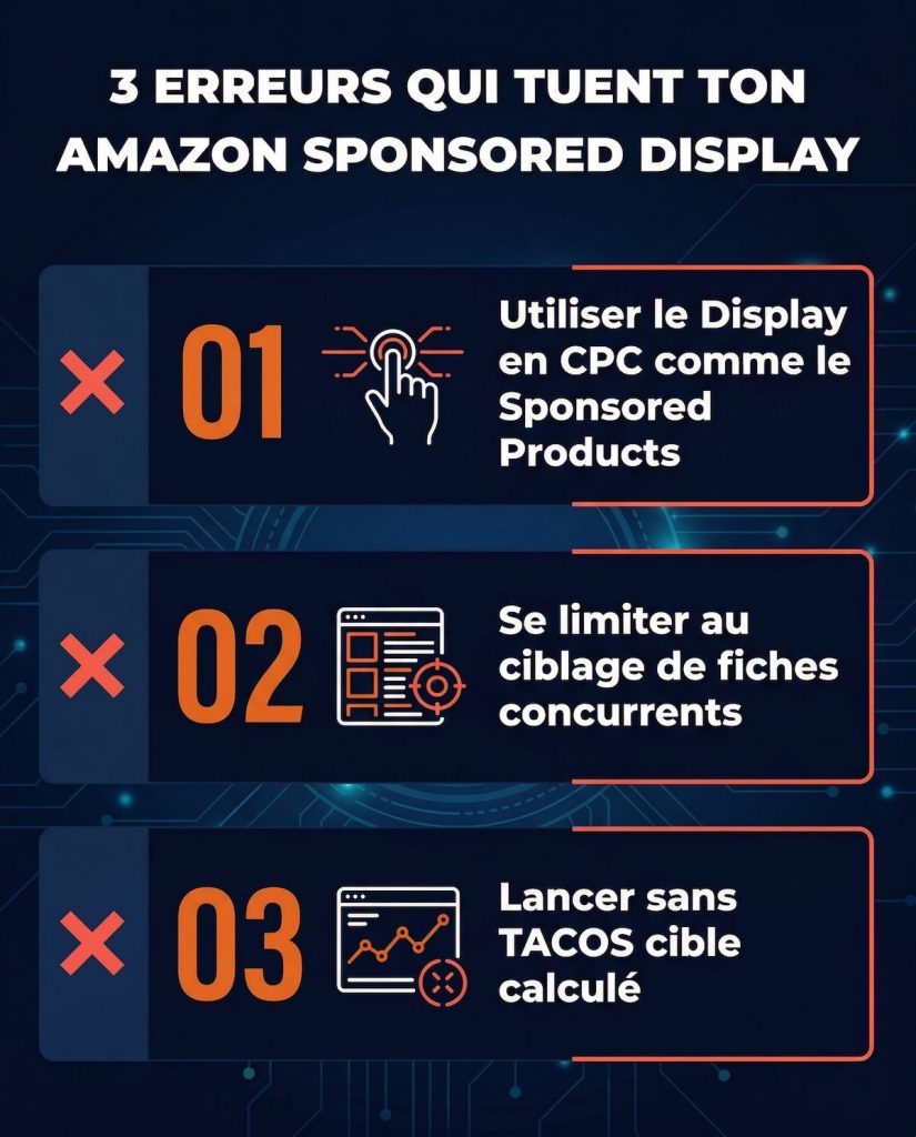 Infographie listant les 3 erreurs les plus fréquentes avec Amazon Sponsored Display : utiliser le Display en CPC au lieu du vCPM, se limiter au ciblage de fiches concurrents, et lancer sans TACOS cible calculé