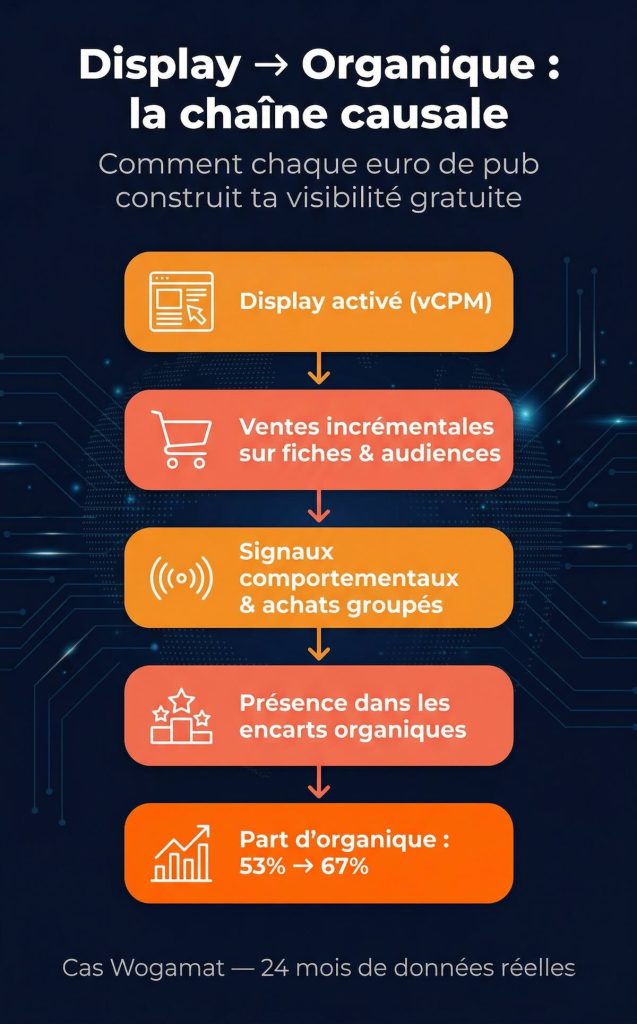 Infographie en 5 étapes montrant la chaîne causale Amazon Sponsored Display : Display activé en vCPM → ventes incrémentales → signaux comportementaux et achats groupés → présence dans les encarts organiques → part d'organique passée de 53% à 67% (cas Wogamat, 24 mois de données réelles)