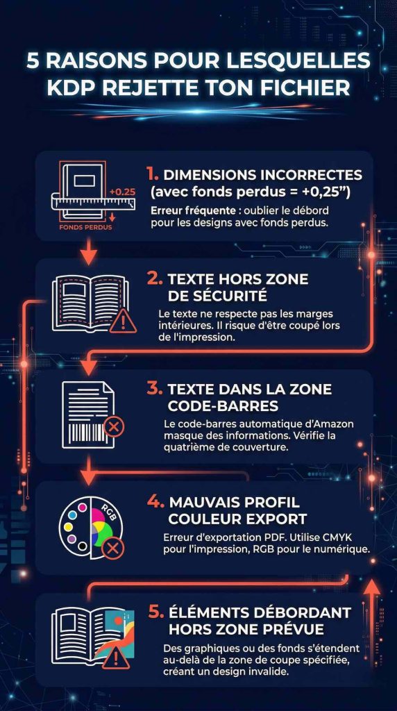 Infographie listant les 5 motifs de rejet Amazon KDP : dimensions incorrectes avec fonds perdus, texte hors zone de sécurité, texte dans la zone code-barres, mauvais profil couleur export, éléments débordant hors zone prévue