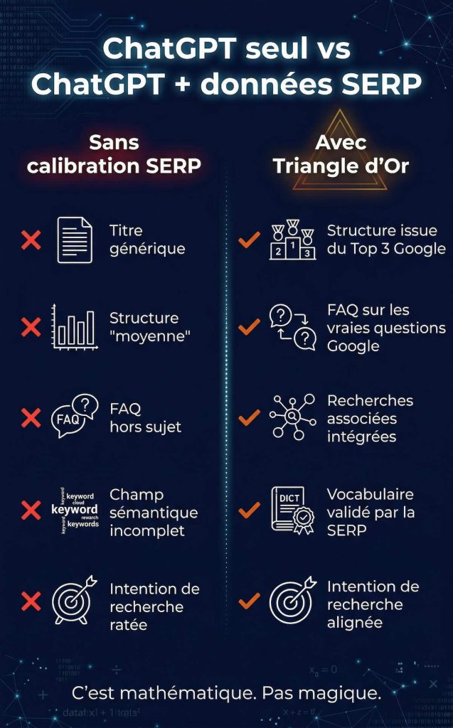 Infographie comparative en deux colonnes : à gauche "Sans calibration SERP" liste 5 défauts (titre générique, structure moyenne, FAQ hors sujet, champ sémantique incomplet, intention ratée) ; à droite "Avec Triangle d'Or" liste 5 avantages (structure Top 3 Google, FAQ sur vraies questions, recherches associées, vocabulaire SERP, intention alignée). Baseline : "C'est mathématique. Pas magique.