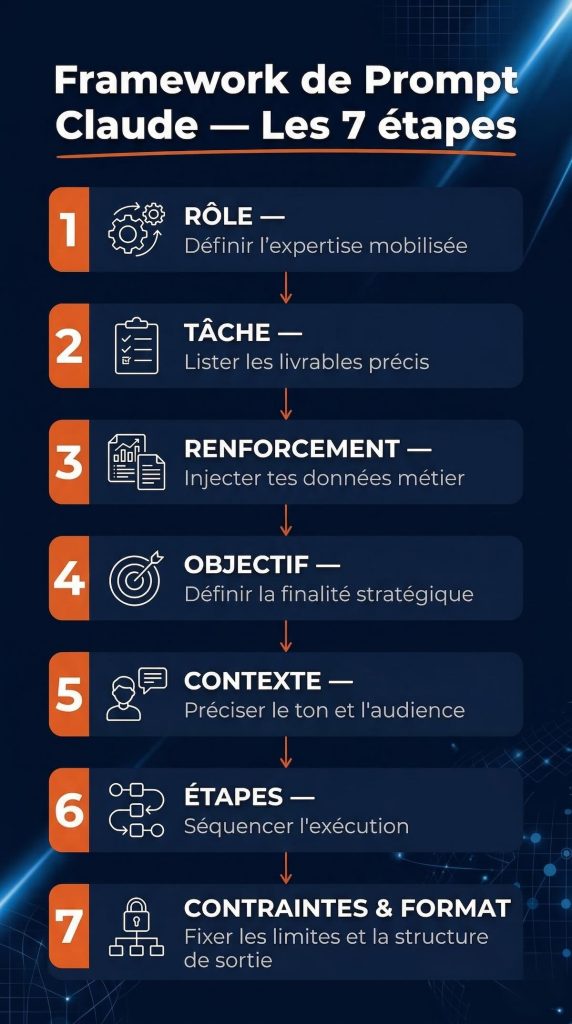 Infographie verticale présentant les 7 étapes du framework de prompt Claude : Rôle, Tâche, Renforcement, Objectif, Contexte, Étapes, Contraintes et Format — méthode pour structurer ses prompts et éliminer les résultats aléatoires