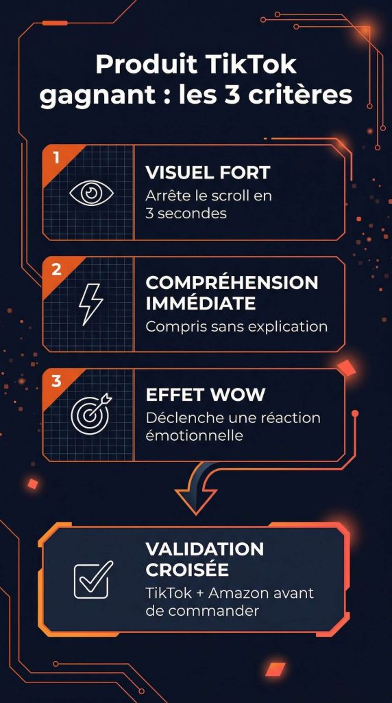 Infographie présentant les 3 critères d'un produit TikTok Shop gagnant : visuel fort (arrête le scroll en 3 secondes), compréhension immédiate (compris sans explication), effet wow (déclenche une réaction émotionnelle) — suivis de la validation croisée TikTok + Amazon avant de commander