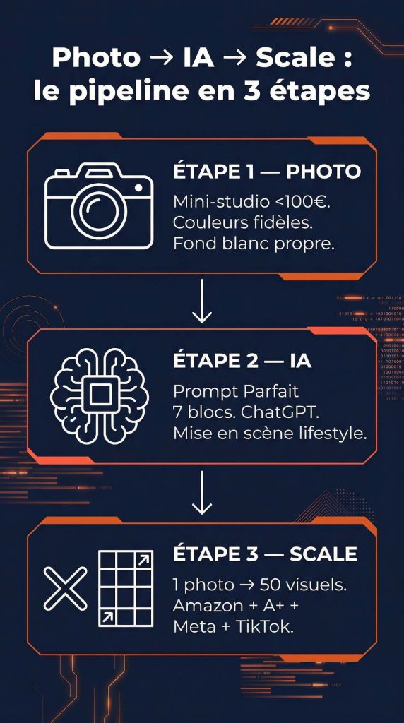 Infographie pipeline IA photo produit Amazon en 3 étapes : mini-studio photo, prompt parfait ChatGPT, scale 1 photo vers 50 visuels