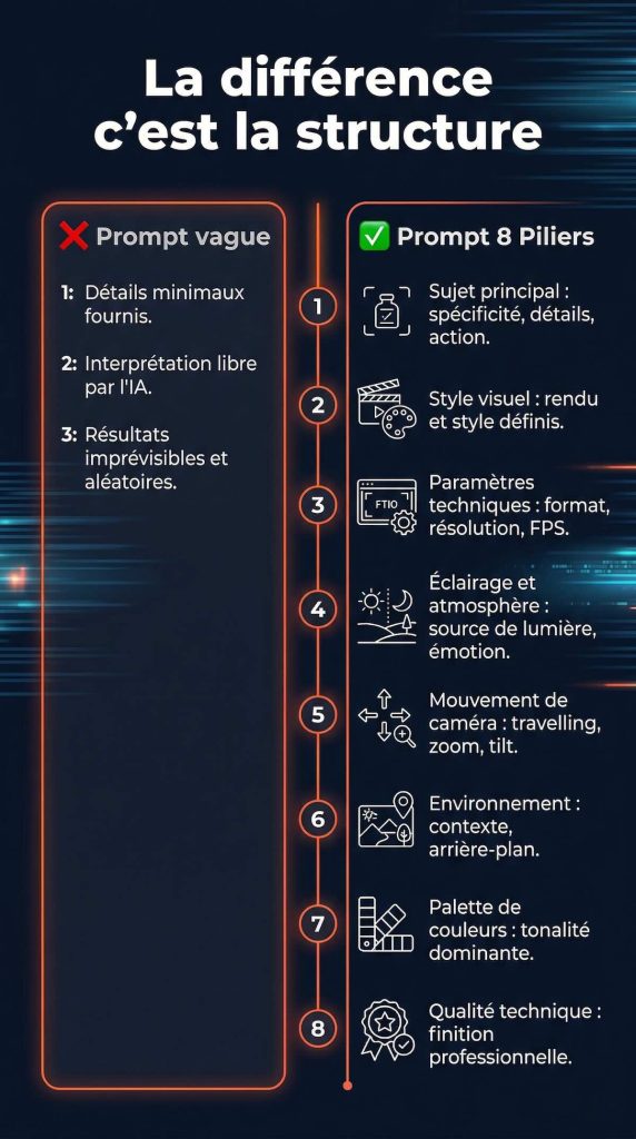 Infographie comparant un prompt Sora vague (3 défauts : détails minimaux, interprétation libre, résultats aléatoires) face au Template 8 Piliers structuré (sujet, style, technique, éclairage, caméra, environnement, couleur, qualité)