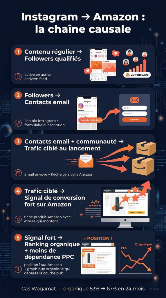Infographie en 5 étapes montrant comment Instagram génère du trafic externe vers Amazon — du contenu régulier aux followers qualifiés, de l'opt-in email au signal de conversion, jusqu'au ranking organique et à la réduction de dépendance au PPC — cas Wogamat, organique 53% à 67% en 24 mois