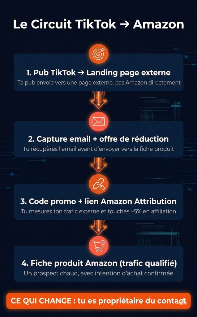Infographie "Le Circuit TikTok → Amazon" : étape 1 pub TikTok vers landing page externe, étape 2 capture email avec offre de réduction, étape 3 code promo et lien Amazon Attribution, étape 4 fiche produit Amazon avec trafic qualifié — encadré final : "CE QUI CHANGE : tu es propriétaire du contact"