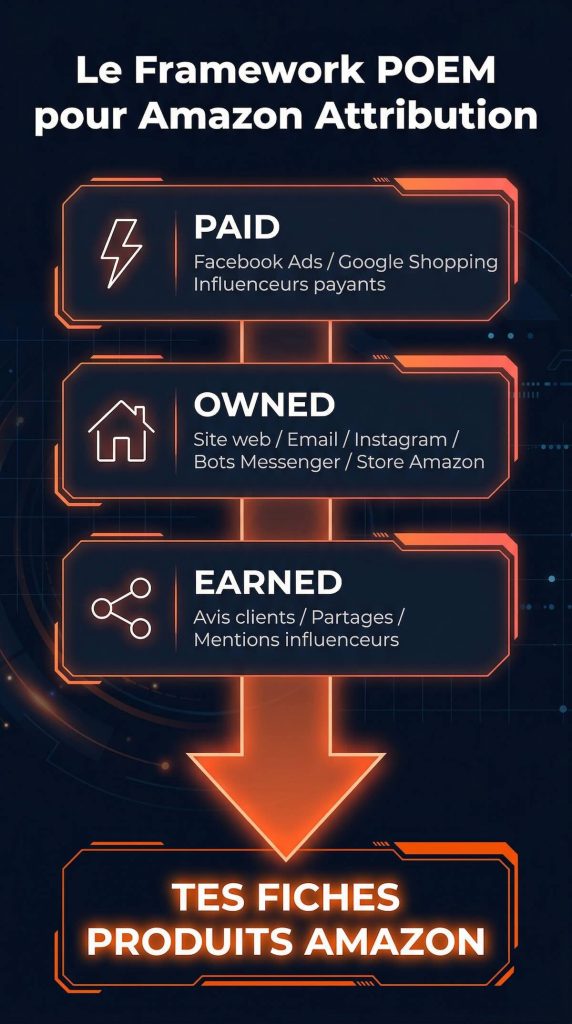 Infographie verticale montrant le framework POEM appliqué à Amazon Attribution : trois blocs (PAID — Facebook Ads, Google Shopping, influenceurs ; OWNED — site web, email, Instagram, bots Messenger, Store Amazon ; EARNED — avis clients, partages, mentions influenceurs) reliés par une flèche vers "TES FICHES PRODUITS AMAZON"
