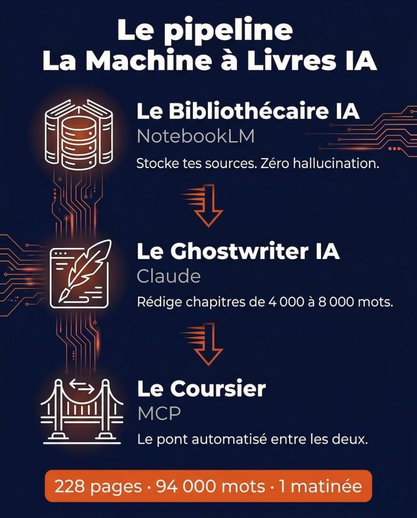 Infographie des 3 composants de La Machine à Livres IA : NotebookLM (bibliothécaire IA), Claude (ghostwriter IA), MCP (le coursier automatisé) — résultat : 228 pages, 94 000 mots, une matinée