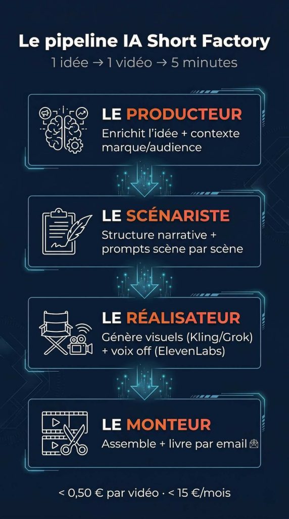 Infographie verticale du pipeline IA Short Factory : 4 étapes enchaînées — Producteur (contexte marque/audience), Scénariste (structure narrative), Réalisateur (génération vidéo IA + voix off), Monteur (assemblage + livraison email) — coût inférieur à 0,50€ par vidéo