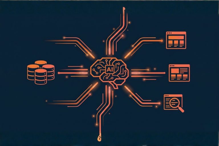 Schéma d'infrastructure SEO automatisée : cerveau IA central connecté à des bases de données, interfaces web et moteur de recherche via des connecteurs MCP