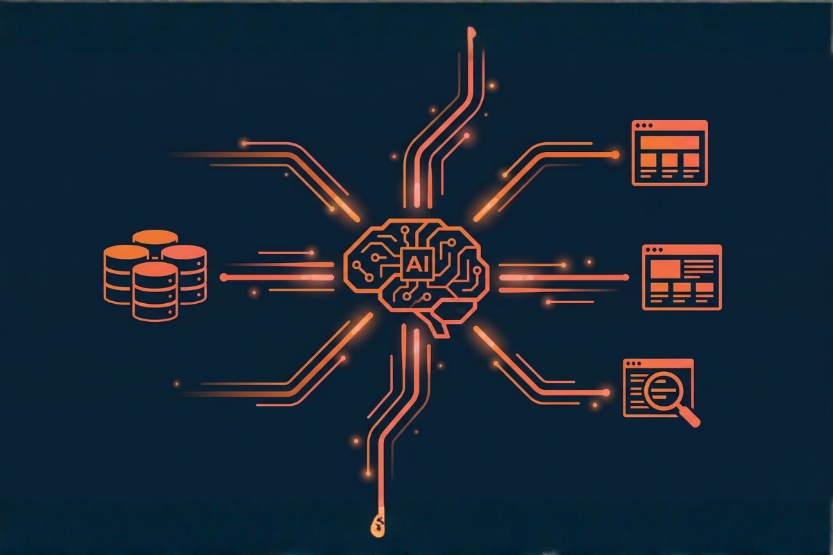 Schéma d'infrastructure SEO automatisée : cerveau IA central connecté à des bases de données, interfaces web et moteur de recherche via des connecteurs MCP