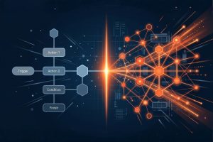 Comparatif Make vs Zapier : workflow linéaire limité à gauche contre réseau d'automatisation avancé à droite