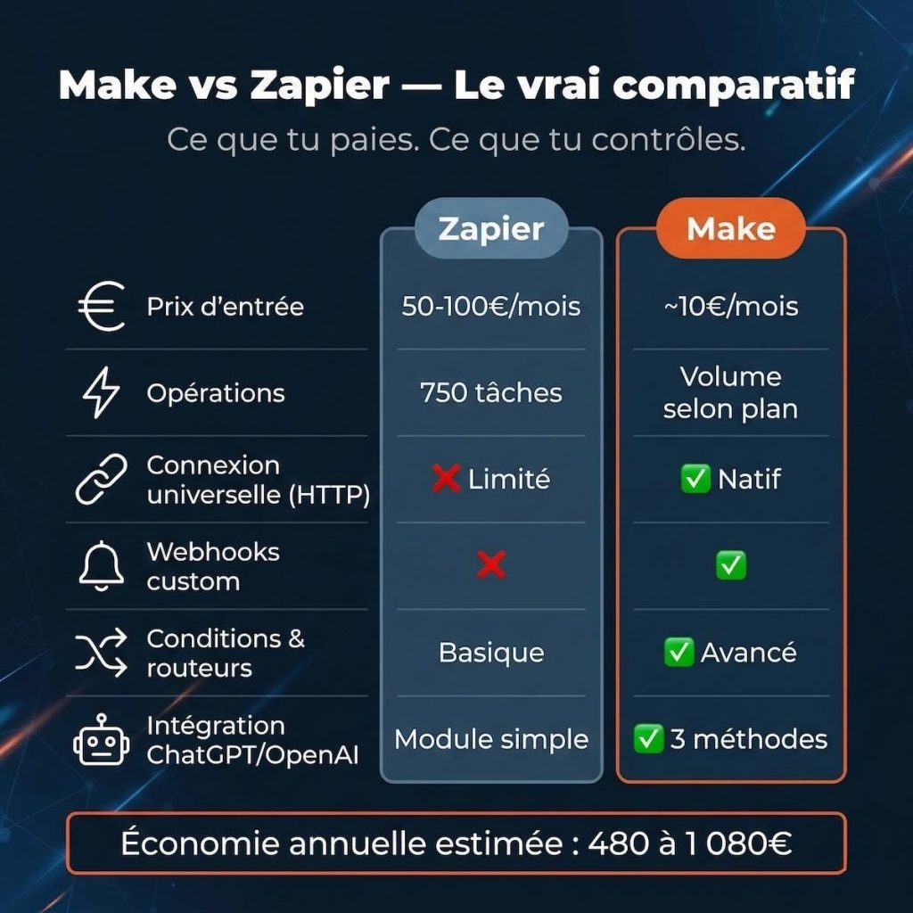 Infographie comparatif Make vs Zapier : prix d'entrée, opérations, connexion HTTP, webhooks, ChatGPT — économie annuelle 480 à 1 080€