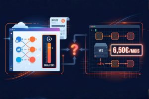 Comparatif visuel Make vs n8n : à gauche, interface Make avec jauge d'opérations et facture croissante ; à droite, infrastructure n8n auto-hébergée sur VPS à 6,50€/mois