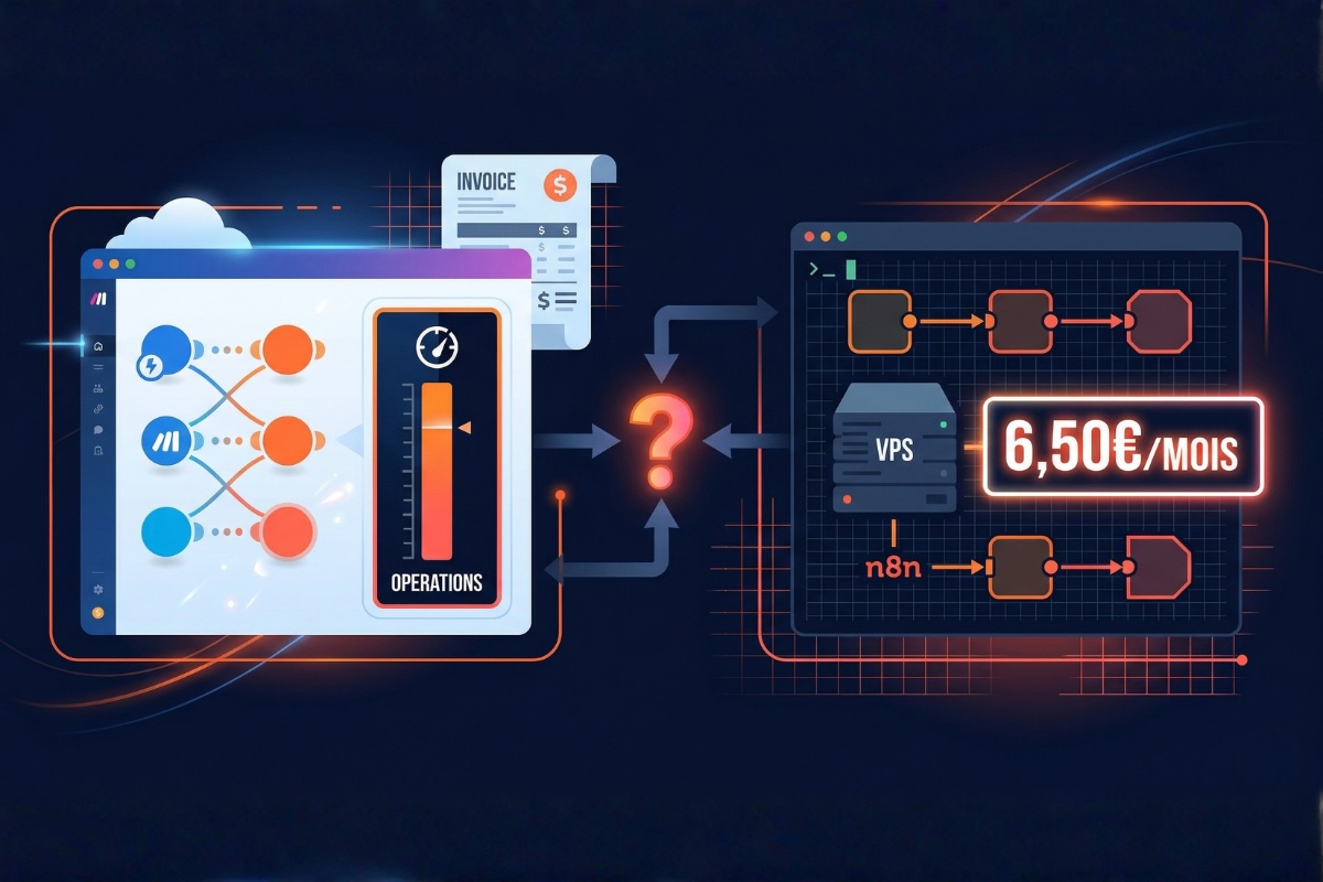 Comparatif visuel Make vs n8n : à gauche, interface Make avec jauge d'opérations et facture croissante ; à droite, infrastructure n8n auto-hébergée sur VPS à 6,50€/mois