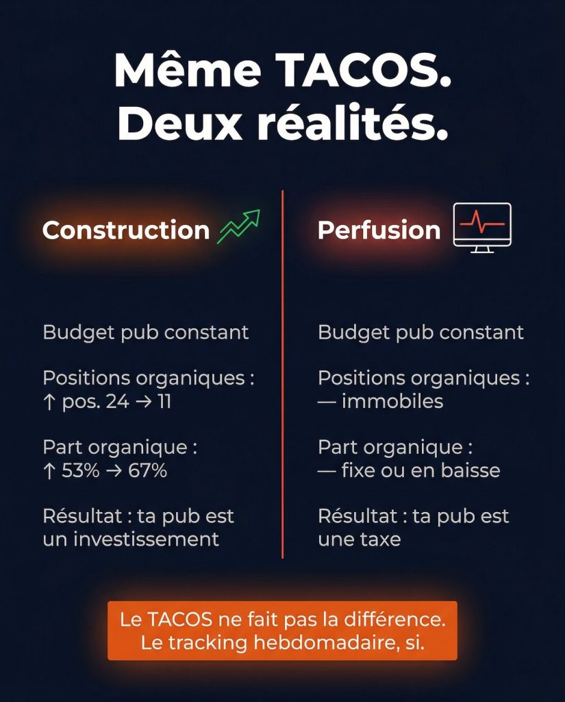 Infographie comparative : à gauche le scénario Construction (positions organiques en hausse, part organique 53% → 67%, pub = investissement), à droite le scénario Perfusion (positions immobiles, part organique fixe, pub = taxe) — avec en bas la phrase "Le TACOS ne fait pas la différence. Le tracking hebdomadaire, si.