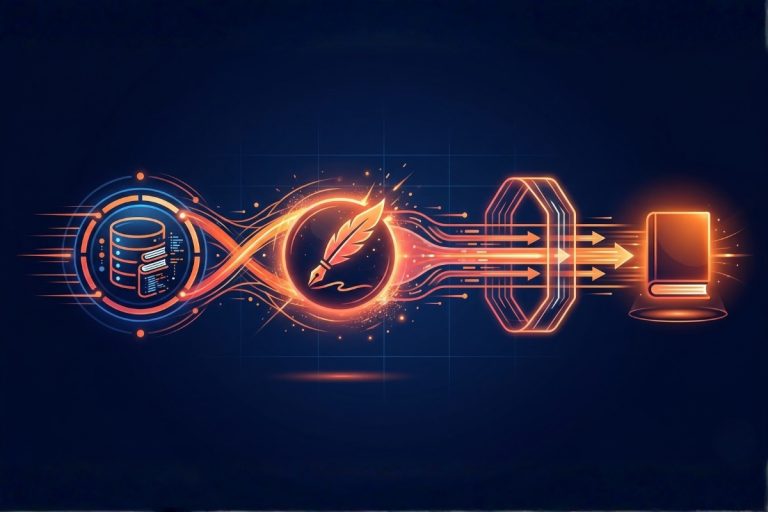 Schéma du pipeline de production de livre IA : NotebookLM comme bibliothèque de sources, Claude comme ghostwriter, MCP comme pont automatisé entre les deux