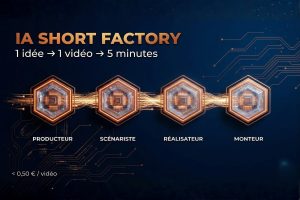 Schéma d'un pipeline vidéo IA automatisé avec n8n composé de 4 nœuds connectés : Producteur, Scénariste, Réalisateur, Monteur — formation IA Short Factory NANAKIA